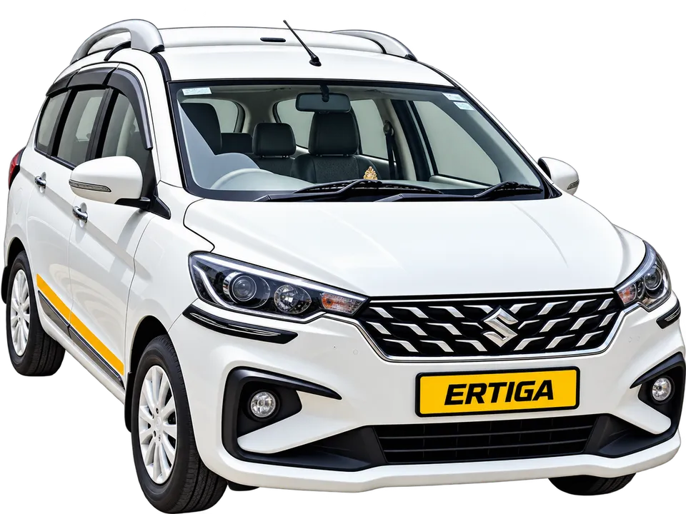 White Ertiga with yellow accents in the Devratna vehicle range.