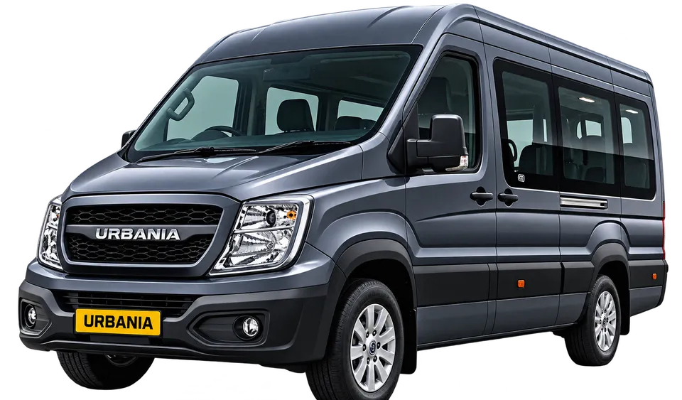 Dark grey Urbania minibus in the Devratna vehicle range.